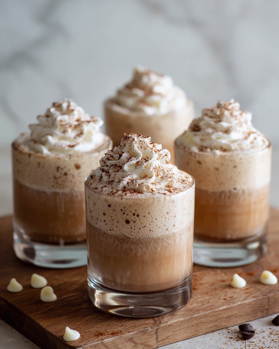 Four clear glasses sit on a wooden surface with a white marbled texture background. Each glass has three layers: a light brown creamy bottom layer, a smooth beige middle layer, and a thick white whipped cream top layer sprinkled with cinnamon. The glasses are round and short, showing the textures through the clear glass. A few small white chocolate chips are scattered around the glasses. Photo taken with an iphone --ar 4:5 --v 7