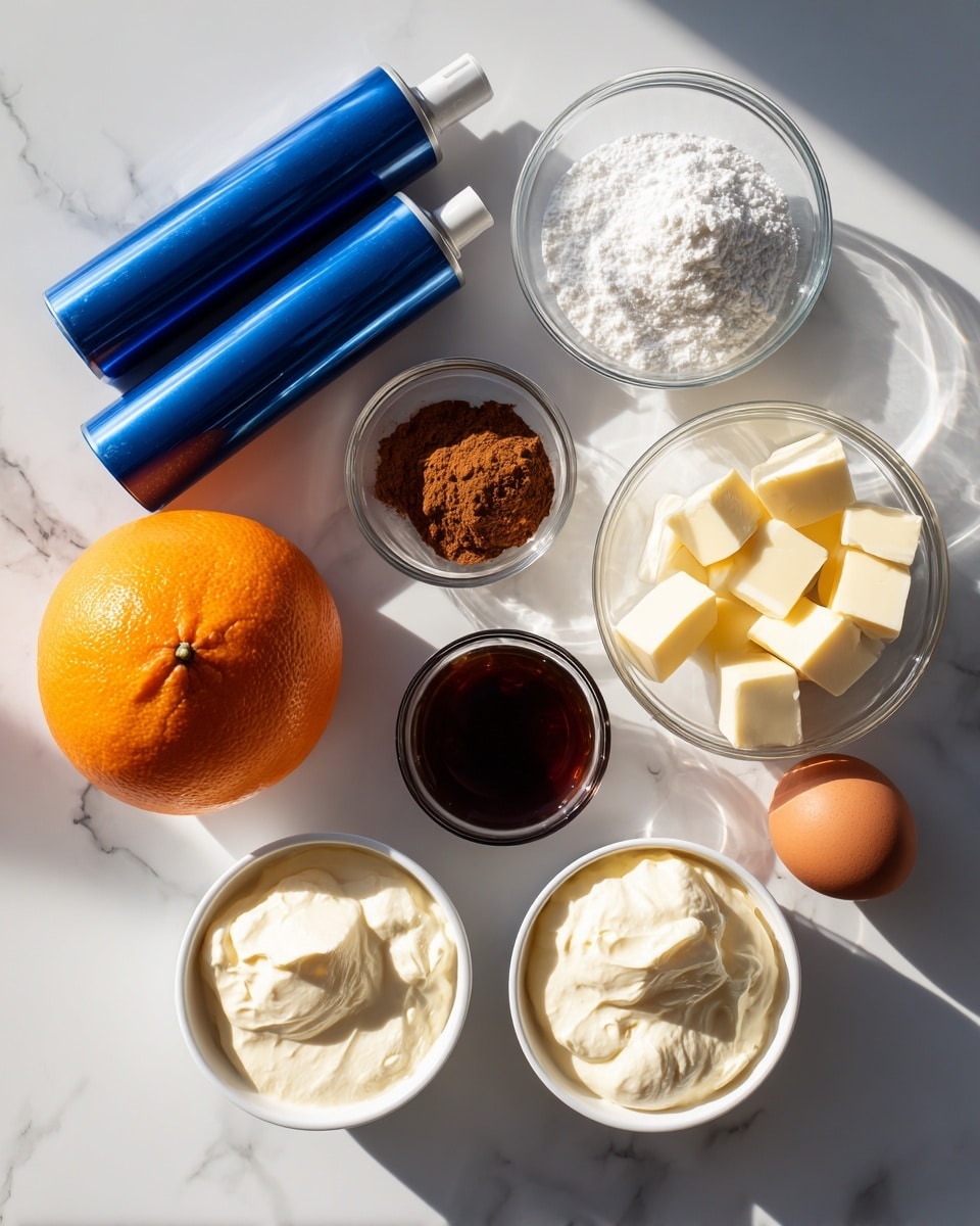 The image shows baking ingredients arranged on a white marbled surface. There are two blue cans of baking spray lying down on the left side. Next to them, a whole orange fruit is placed, with a small clear glass bowl of brown cinnamon powder above it. To the right side of the orange, there is a small glass bowl filled with dark brown vanilla extract below a larger glass bowl full of white sugar. Next to the sugar bowl on the right side are a single brown egg and a small glass bowl containing several cubes of pale yellow butter. In front of these bowls, there are two white plastic containers filled with beige creamy yogurt or sour cream, roughly side by side. The ingredients are neatly spaced and the overall look is bright with natural lighting. photo taken with an iphone --ar 4:5 --v 7