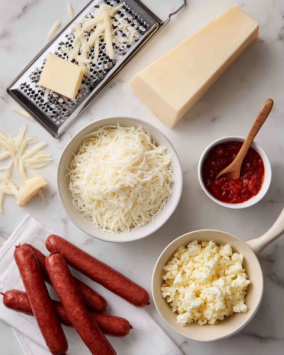 The image shows a white marbled surface with ingredients for a meal arranged neatly. In the top left, there is a metal grater with a large block of cheese resting on it and some shreds of cheese scattered nearby. Below that, a white bowl filled with shredded white cheese sits prominently. To the right, a small white bowl contains a red sauce with a small wooden spoon inside. Next to it, an off-white bowl is filled with finely shredded yellowish cauliflower. In the center, there is a small white bowl with a pale handle, filled with sliced small round pieces of red sausage. Three whole red sausages lie diagonally on the surface near a stack of white folded napkins. The scene is well-lit, and photo taken with an iphone --ar 4:5 --v 7