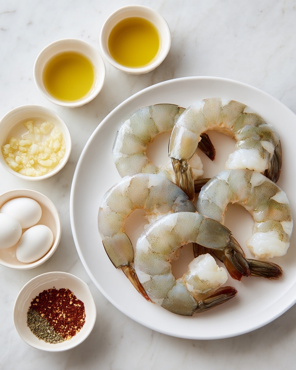 A white round plate holds six large uncooked shrimp arranged in a loose circle, each shrimp pale with light beige and greenish-brown shells still attached to the top half, showing the white translucent flesh underneath. To the left of the plate, on a white marbled surface, there are four small white bowls; the top bowl contains golden yellow olive oil, the bowl below has minced garlic in a light brown liquid, the bowl to the left holds white peeled boiled eggs with smooth surfaces, and the bottom bowl contains a pile of reddish brown seasoning with small green specks. The setting is bright and clean, with the ingredients neatly arranged. Photo taken with an iphone --ar 4:5 --v 7