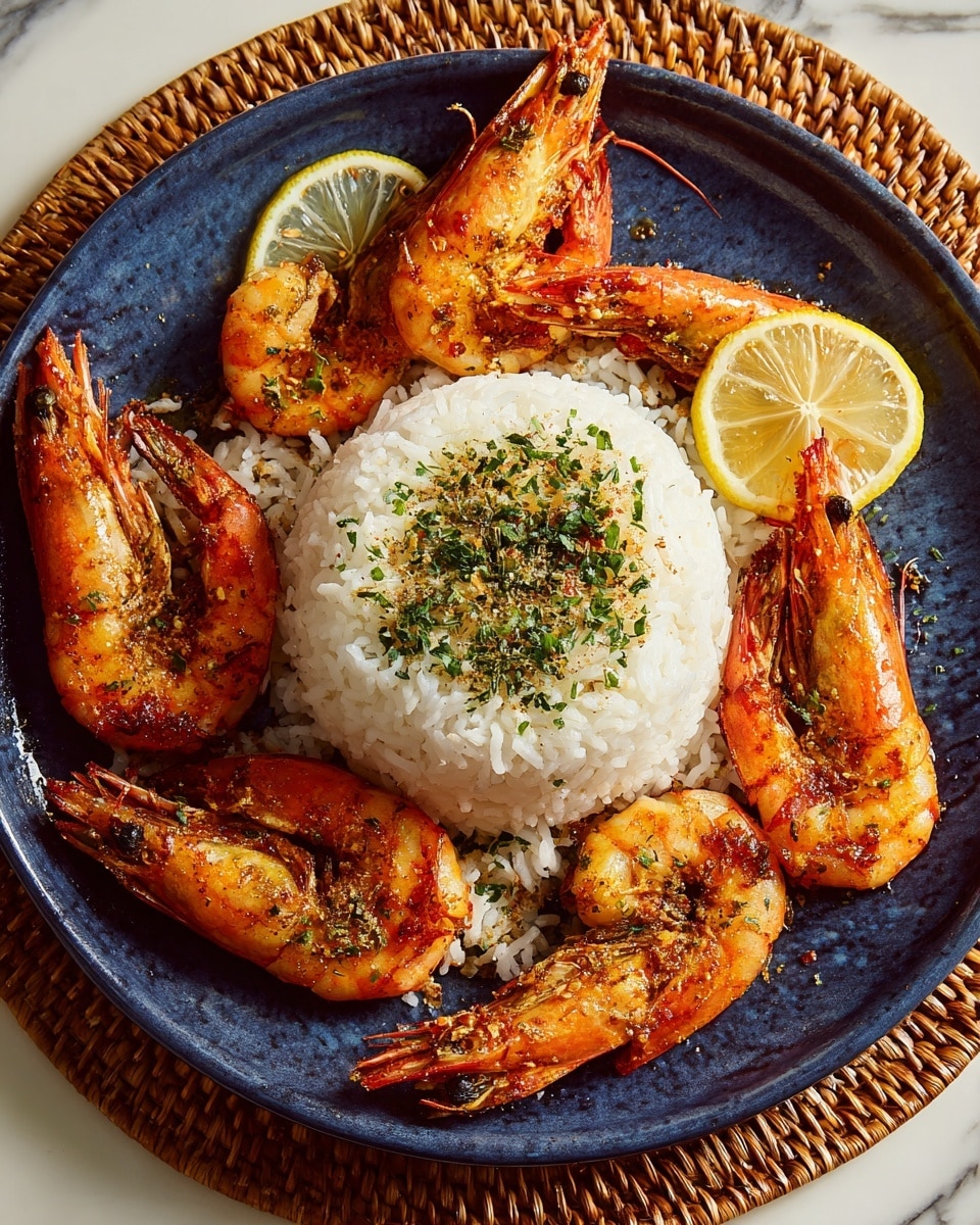 A close-up image shows a woman’s hand holding a single cooked shrimp with a reddish-orange shell and some charred spots, lifted above a blue plate. On the plate, there are six more shrimp arranged in a loose circle around a mound of light beige rice topped with a thin slice of lemon and sprinkled with small green herbs. The plate rests on a white marbled surface, with blurred green plants and a golden candle softly glowing in the background. The scene looks warm and inviting. photo taken with an iphone --ar 4:5 --v 7