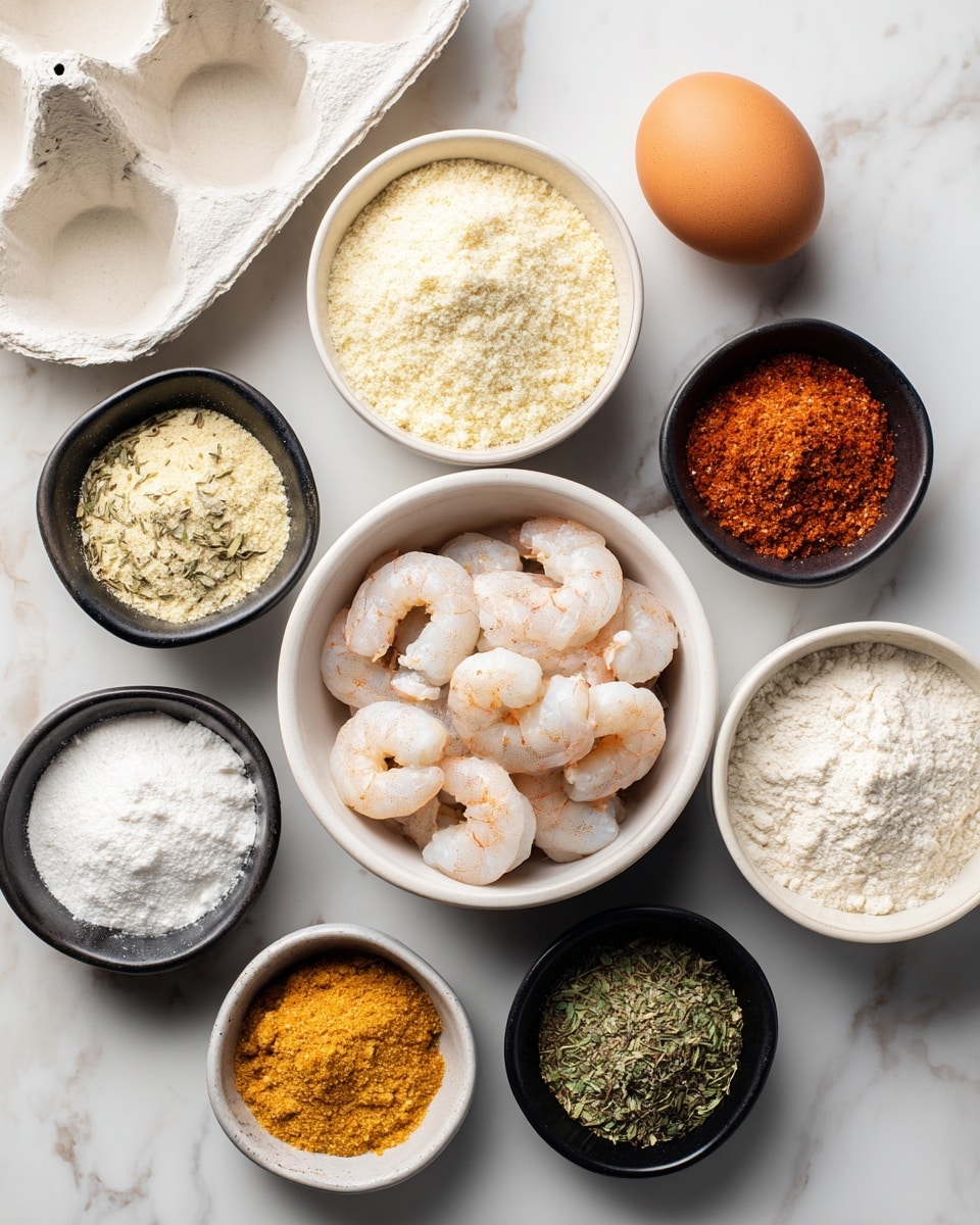 The image shows a top view of several small white bowls arranged on a white marbled surface. The center bowl holds raw shrimp with pink and white colors. Around it, there are six bowls: one with light yellow breadcrumbs, one with white flour, one with a reddish-orange spice, one with green dried herbs, one with light brown seasoning, and one black bowl containing a yellowish powder. On the left side, there is a white egg carton holding a single brown egg. The colors are soft and natural, with a clean and organized layout. photo taken with an iphone --ar 4:5 --v 7
