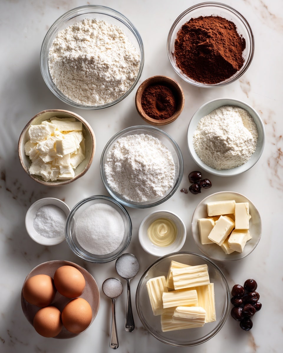 The image shows multiple clear glass bowls and small white bowls arranged neatly on a white marbled surface. Each bowl holds a different baking ingredient such as white flour, brown cocoa powder, white sugar, white cream, white powdered sugar, butter sticks, eggs, and white cream cheese. There are also small measuring spoons with some light brown and white powders, and two small dark brown berries on the surface. Everything is clean and organized with soft natural light illuminating the scene. photo taken with an iphone --ar 4:5 --v 7