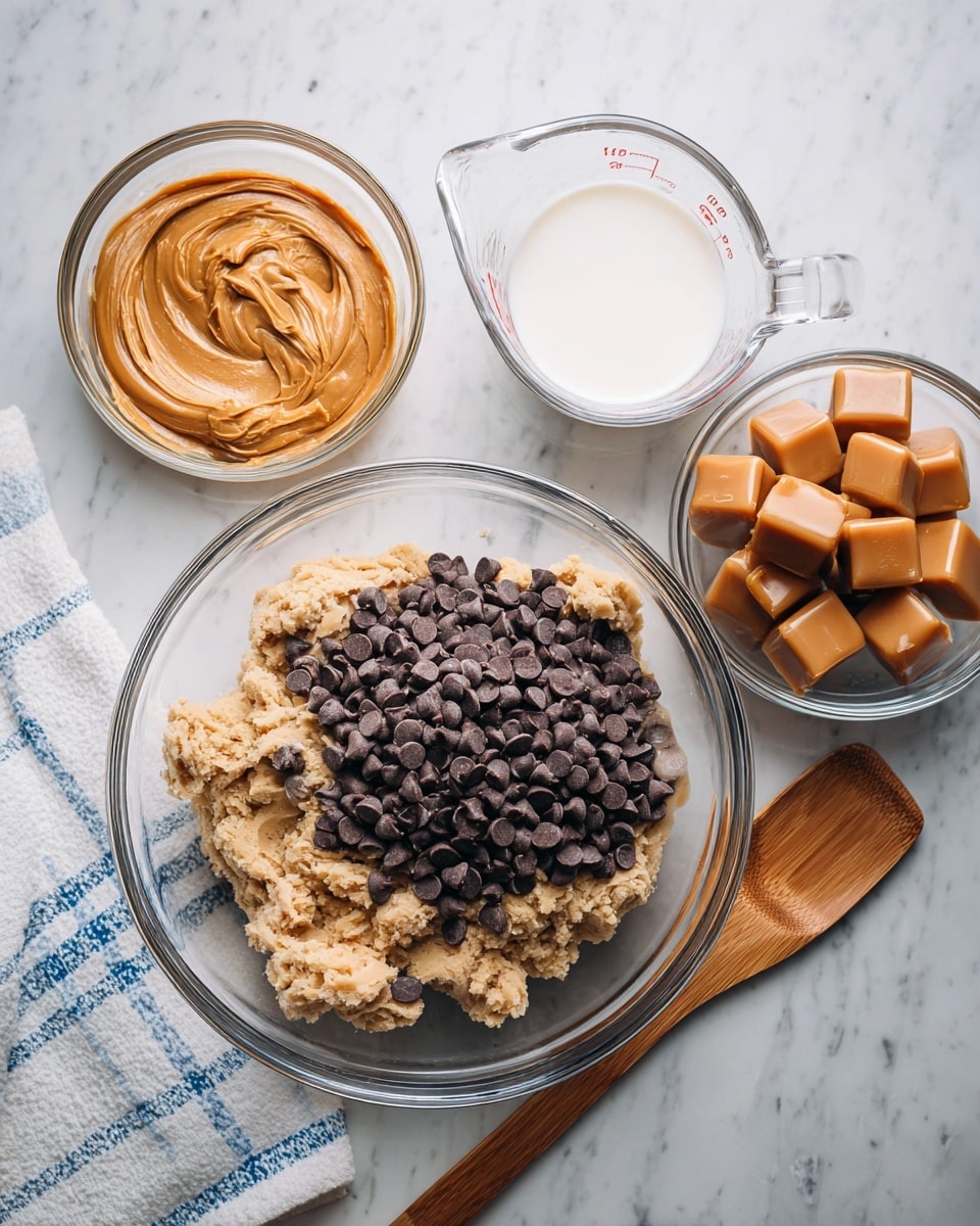 A large clear glass bowl sits in the center filled with pale beige cookie dough, with a large pile of dark brown chocolate chips sitting on top in one half of the bowl. Above to the left, a small clear glass bowl with smooth, creamy peanut butter in a warm orange-brown color. Next to it, there is a measuring cup partially filled with white liquid, likely milk. To the right, another clear glass bowl holds multiple square caramel candies in a light brown shade. A wooden spoon lies at the bottom right corner on a white marbled surface with subtle gray veins, and a white towel with a blue grid pattern peeks in from the bottom left. Photo taken with an iphone --ar 4:5 --v 7