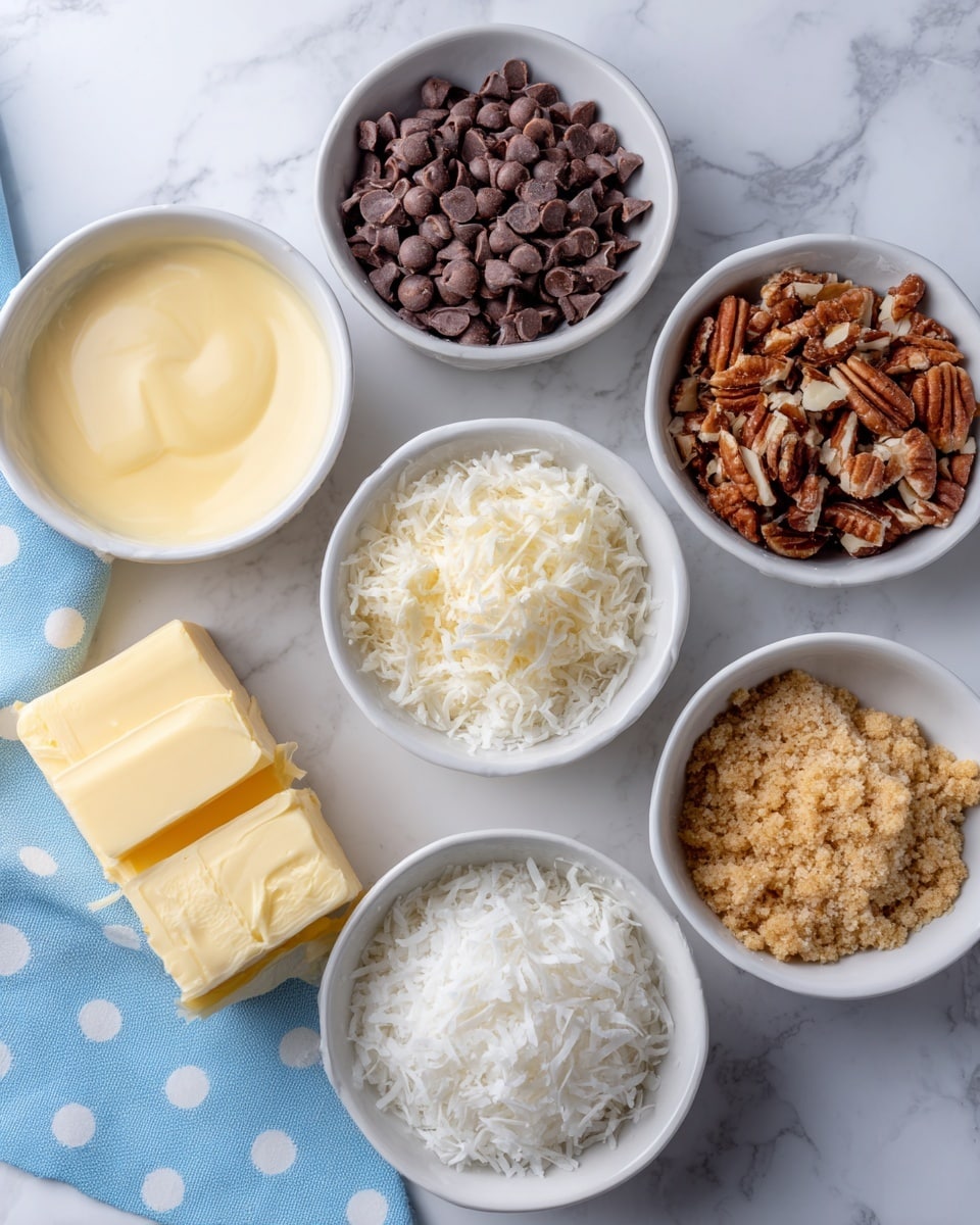 There are six small white bowls arranged on a white marbled surface. The top left bowl has smooth, light yellow creamy sauce. The top middle bowl is filled with dark brown chocolate chips. The top right bowl contains chopped pecans with a rough, uneven texture in various shades of brown. The bottom left bowl holds light brown butterscotch chips, small and round. The bottom middle bowl is filled with shredded white coconut, fluffy and fine. The bottom right bowl contains light golden brown graham cracker crumbs with a grainy texture. In front of the bottom middle bowl, there is a stick of butter with yellow markings. A light blue cloth with white dots lies in the lower left corner. Photo taken with an iphone --ar 4:5 --v 7