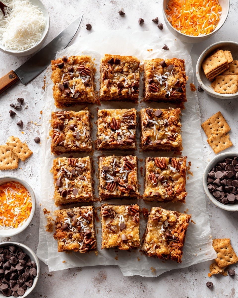 The image shows a stack of three thick bars on a white plate, each bar layered with a golden brown base, studded with dark chocolate chunks and pieces of nuts, topped with a mix of chopped nuts and caramel or butterscotch bits creating a crunchy, textured surface. The bars have a slightly crumbly and chewy look with visible melted caramel or butterscotch oozing between layers. The setting is on a white marbled surface with blurred background items like jars and a bottle of milk adding depth. photo taken with an iphone --ar 4:5 --v 7