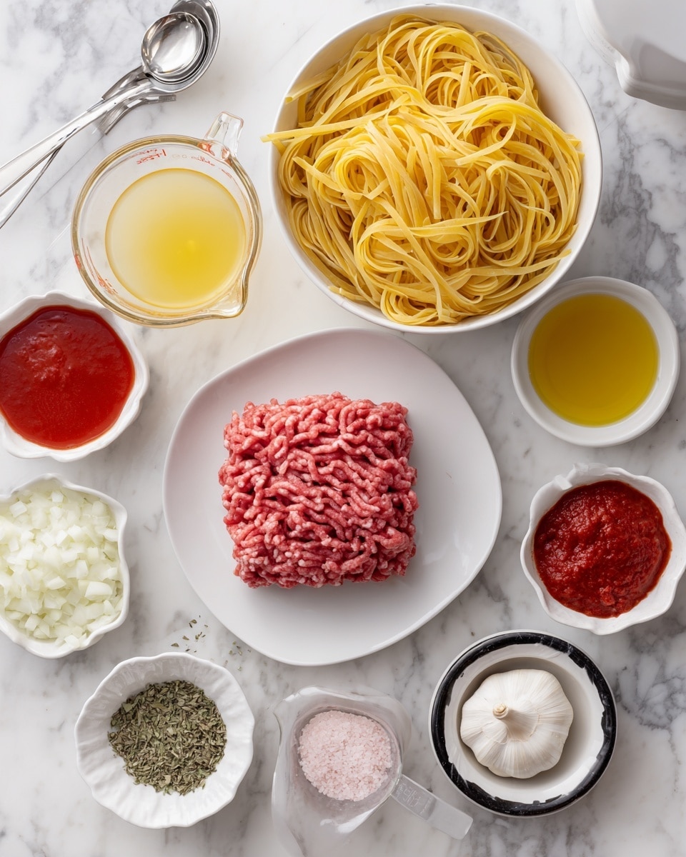This image shows a top view of various cooking ingredients placed on a white marbled surface. In the center is a white plate holding a square piece of raw ground meat. Above it, there is a white bowl full of uncooked yellow spaghetti. To the left of the meat, there are two clear measuring cups; the top one contains a light yellow liquid, and the bottom one has red tomato sauce. Below the meat, a white bowl contains chopped white onions. To the right of the meat, a small white bowl has a red paste inside, and next to it is a white fluted bowl filled with yellow oil. A garlic bulb rests near these bowls, while a small white plate with a black rim holds green dried herbs and pink salt with a couple of garlic cloves beside it. A woman's hand is not visible but a silver spoon is in the red paste bowl. In the top left corner, part of a grey instant pot can be seen. Photo taken with an iphone --ar 4:5 --v 7
