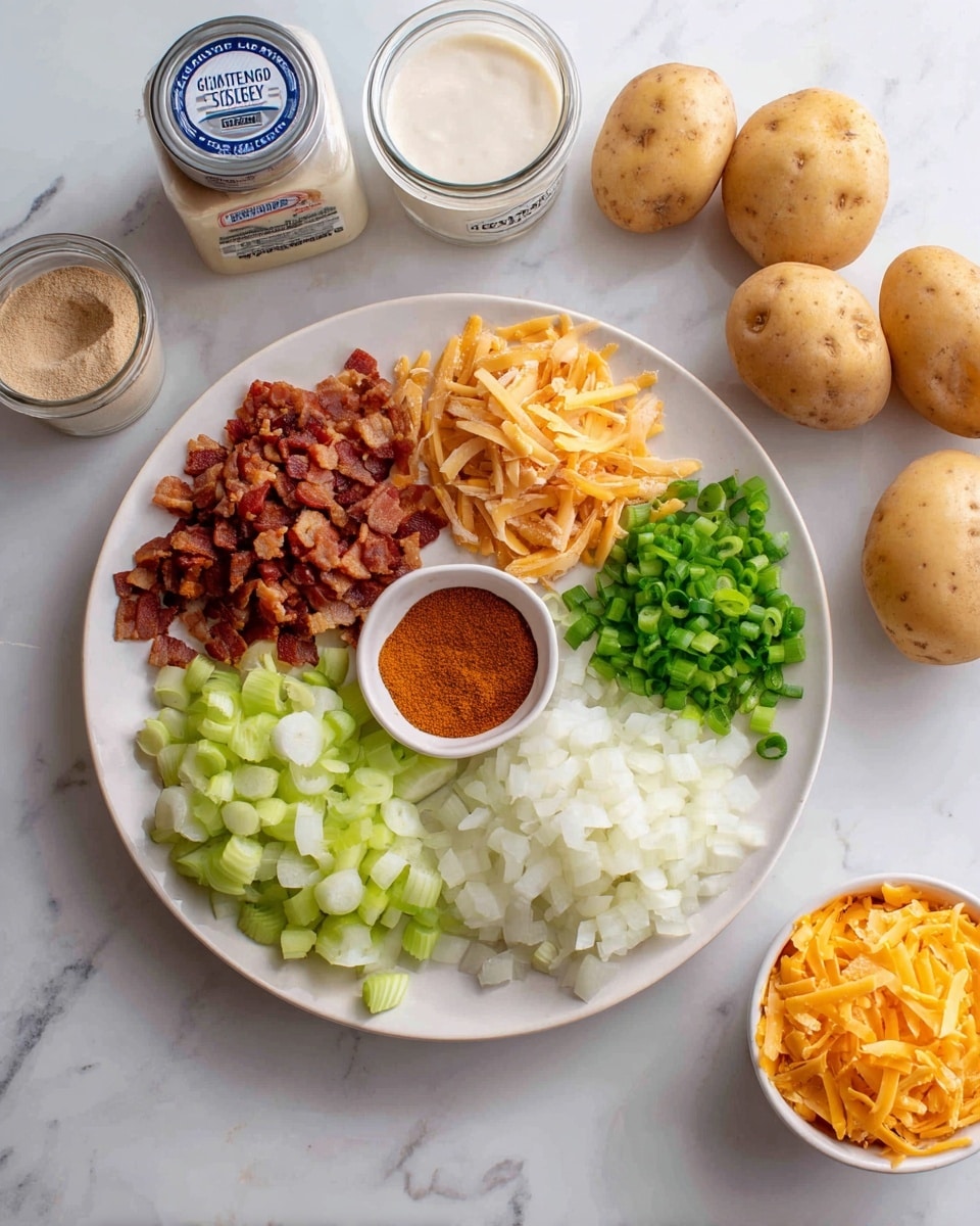 A white plate is divided into four sections with a small round container of smoked paprika in the center. One section holds crispy cooked bacon bits in dark reddish-brown; next to it, chopped green onions provide a fresh, light green texture. Another section contains finely chopped pale green celery, and the last section is filled with finely diced white onions. Around the plate are raw potatoes with light brown skin, a container of plain yogurt with a blue label, a small glass jar with a beige powder, a small bowl with a tan liquid, and a white bowl with finely shredded orange cheddar cheese, all set on a white marbled surface. Photo taken with an iphone --ar 4:5 --v 7