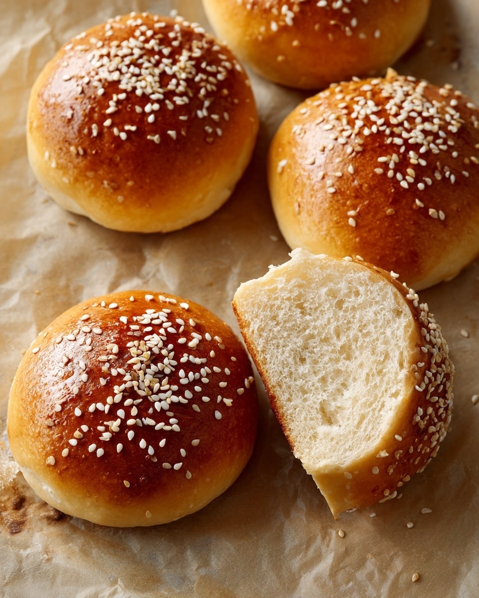 Four round golden brown burger buns are arranged on a white marbled surface, each topped with a scatter of white sesame seeds. One bun is sliced in half showing a soft, light beige inside. A black-handled serrated knife lies next to the buns, its blade shiny and slightly reflective. The buns have a shiny and smooth texture with scattered sesame seeds adding a contrast in color and texture. Photo taken with an iphone --ar 4:5 --v 7