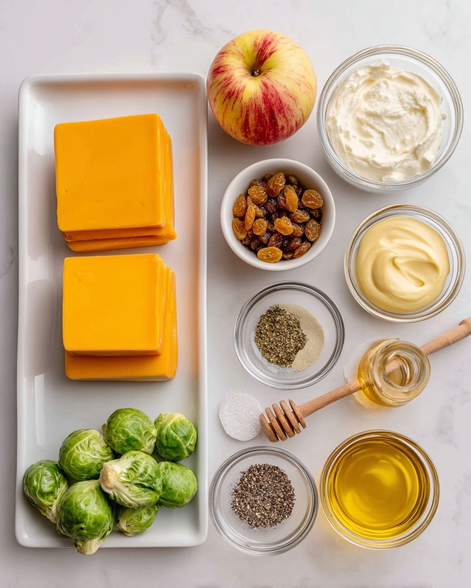 A white marbled surface holds multiple ingredients neatly arranged: on the left, two thick bright orange cheese blocks placed on a white rectangular plate; next to it, a small white bowl filled with golden raisins; above it, a glass bowl with a creamy white substance; an apple with red and yellow stripes sits in the upper middle; to its right, a small ceramic bowl with creamy yellow mustard; below, a cluster of fresh green Brussels sprouts with visible leaves; near them, three small clear glass bowls hold coarse salt, black pepper, and golden olive oil, respectively; a small glass jar of honey with a wooden honey dipper resting inside completes the scene; the image is clear and bright, taken from above, showing all items with sharp detail; photo taken with an iphone --ar 4:5 --v 7