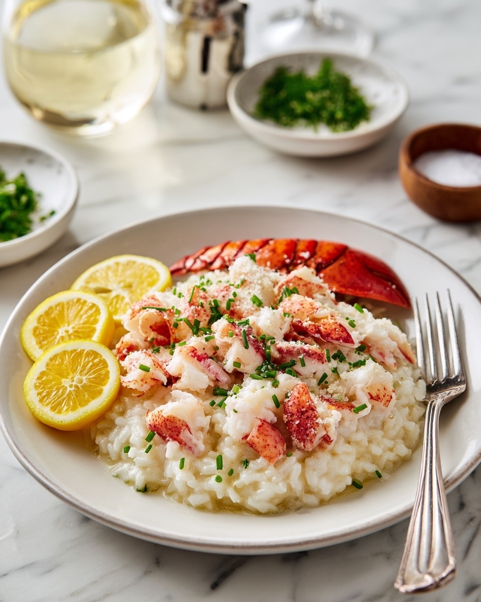 A white plate stacked on another white plate holds a creamy risotto topped with small pieces of white and red lobster meat and green chives scattered on top, beside two thin yellow lemon slices positioned near a dark red lobster tail behind the risotto. A silver fork rests on the right side of the plate. In the blurry background on a white marbled surface, there is a small white bowl with green herbs, a small wooden bowl with salt, and a glass of light yellow wine nearby. Photo taken with an iphone --ar 4:5 --v 7