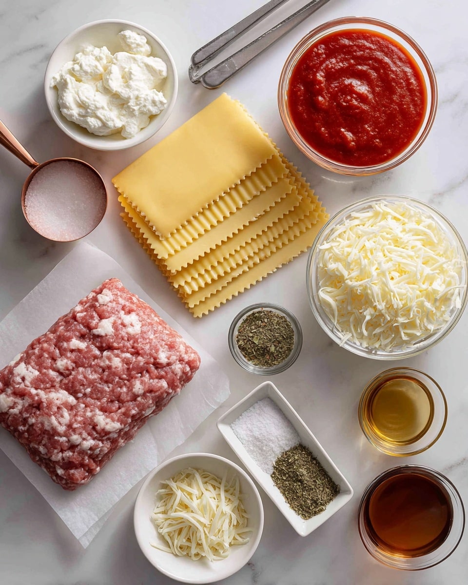 The image shows ingredients for making lasagna neatly arranged on a white marbled surface. There are several uncooked, flat, yellow lasagna sheets with ridges placed near the center. To the left, a copper measuring cup holds a layer of white ricotta cheese with a smooth texture. Below it, a glass bowl contains bright red smooth tomato sauce. In front of the sheets is a rectangular slab of raw ground sausage with pink and white marbling sitting on parchment paper. To the right of the sausage, a white bowl is filled with shredded mozzarella cheese in soft white strands. Next to it, a white dish divided into sections holds dried herbs and spices in green, beige, and reddish tones. A small glass bowl of salt and black pepper sits near the ricotta. A glass container with a brown broth is placed on the lower right side. Behind all the items, a metal kitchen tool with a handle rests on the surface. The items are evenly spaced and the scene is bright and clean, photo taken with an iphone --ar 4:5 --v 7
