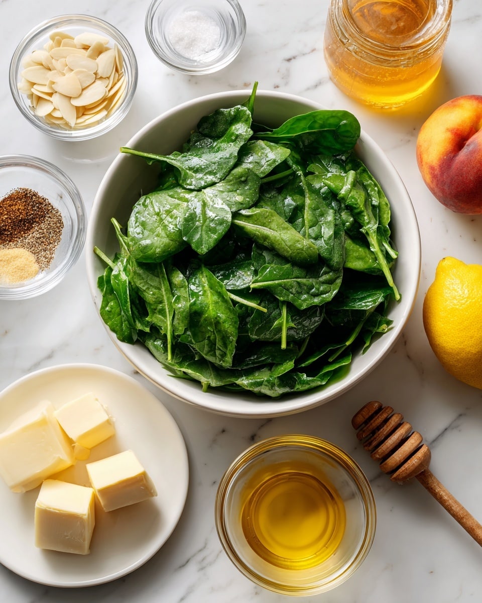 A white bowl is filled with fresh dark green arugula leaves that have a slightly textured, leafy look, sitting on a white marbled surface. Around the bowl are small clear glass bowls holding off-white slivered almonds and two light cream-colored cubes of butter, alongside a square block of pale yellow cheese on a small white plate. A bright orange and red nectarine sits beside two small crystal bowls, one holding brown spice and the other coarse white salt. To the right, a yellow lemon and a clear jar of honey with a wooden honey dipper rest next to a small clear glass bowl filled with golden yellow olive oil. Photo taken with an iphone --ar 4:5 --v 7
