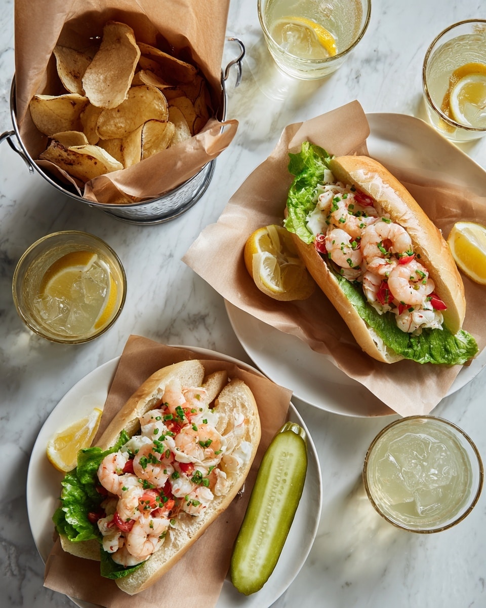 Two shrimp sandwiches are on white round plates lined with brown paper. Each sandwich has a soft bun with green lettuce leaves at the bottom, topped with small pink shrimp, diced red tomatoes, and green chive pieces. On the plate closer to the camera, there are three lemon wedges and a whole pickle next to the sandwich, alongside a few light brown chips. Between the plates is a silver metal bucket filled with light brown chips wrapped in brown paper. Two textured glass jars with a golden-yellow drink are placed near the plates. The whole scene is set on a white marbled surface with a green cloth napkin in the corner. Photo taken with an iphone --ar 4:5 --v 7