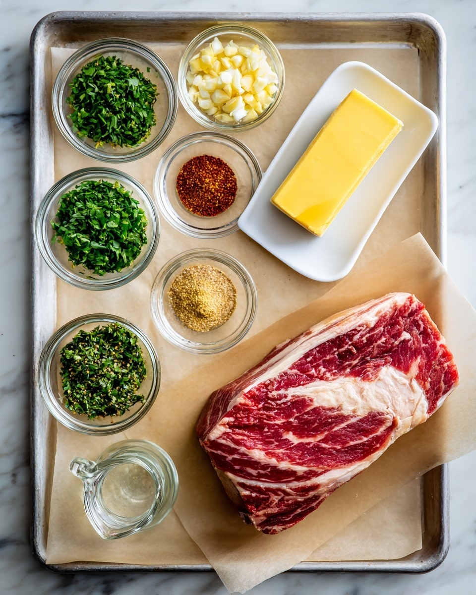 A raw piece of marbled red and white meat with visible fat is placed on the right side of a metal tray lined with light brown parchment paper. On the left side, there are nine small clear glass bowls and one rectangular white dish arranged in a neat grid on a white marbled surface. The dish holds a large yellow stick of butter. The glass bowls contain various ingredients: chopped light yellow garlic, chopped green herbs, coarse white salt, ground black pepper, whole grain mustard, chopped green parsley, two different red spices, and a clear liquid in a small glass pitcher. All items are evenly spaced and cleanly arranged. Photo taken with an iphone --ar 4:5 --v 7
