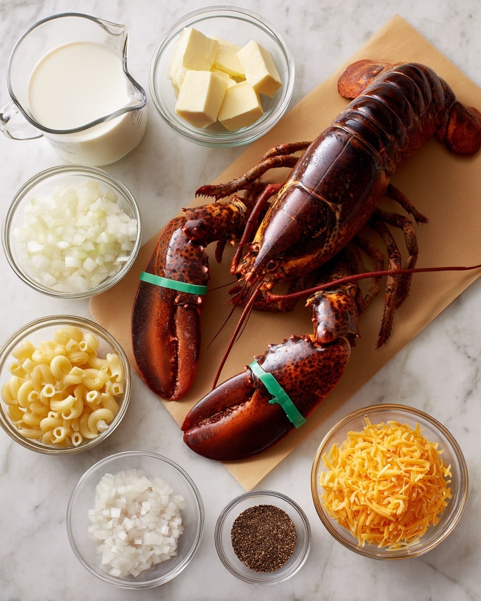 A large cooked lobster with dark red and brown shell, secured with two green bands on its claws, lies on a light brown cutting board in the center. Around it are clear glass bowls filled with chopped white onions, yellow cubed butter, minced garlic, black peppercorns, flour, panko breadcrumbs, ground black pepper, elbow macaroni, shredded white cheese, shredded orange cheese, grated white cheese, finely chopped shallots, and a clear measuring cup of milk. All items are arranged on a white marbled surface, neatly spaced and ready for cooking photo taken with an iphone --ar 4:5 --v 7