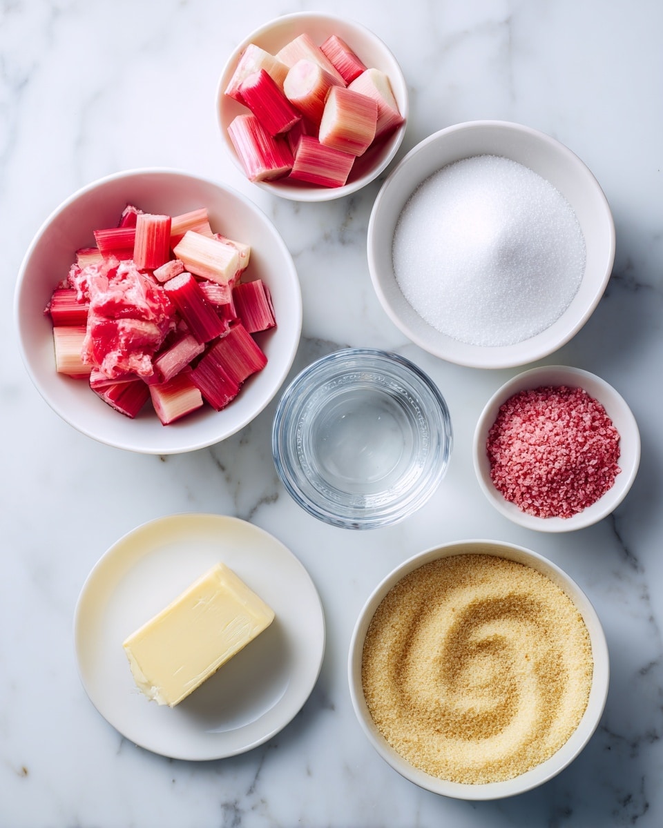 The image shows six bowls and a small plate arranged on a white marbled surface, each with different ingredients. Starting from the top left, a white bowl is filled with bright red and pale pink chopped rhubarb pieces. To its right, a round bowl holds fine white granulated sugar with a smooth circle pattern on top. Further right is a clear glass measuring cup with clear water inside. Below the rhubarb bowl, a small white plate contains a rectangular slab of pale yellow butter. In the center bottom, a large white bowl is filled with light yellow cornmeal that has a swirl pattern on the surface. To the right of the cornmeal bowl, a small white bowl contains reddish-pink granules with a circular groove pattern. The overall layout is neat and symmetrical with soft natural light. Photo taken with an iphone --ar 4:5 --v 7
