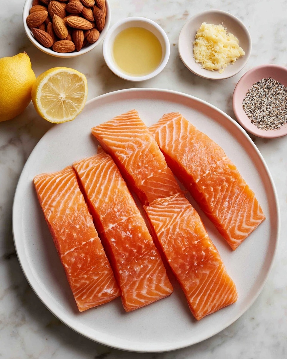 Four bright orange raw salmon fillets with visible white lines are placed closely on a white round plate. Around the plate on a white marbled texture surface, there are small white and pink bowls each holding different ingredients: whole almonds, creamy yellow mustard, finely grated lemon zest, a lemon wedge, salt and pepper mix, and a light golden liquid. The bowls are arranged neatly around the salmon plate. Photo taken with an iphone --ar 4:5 --v 7