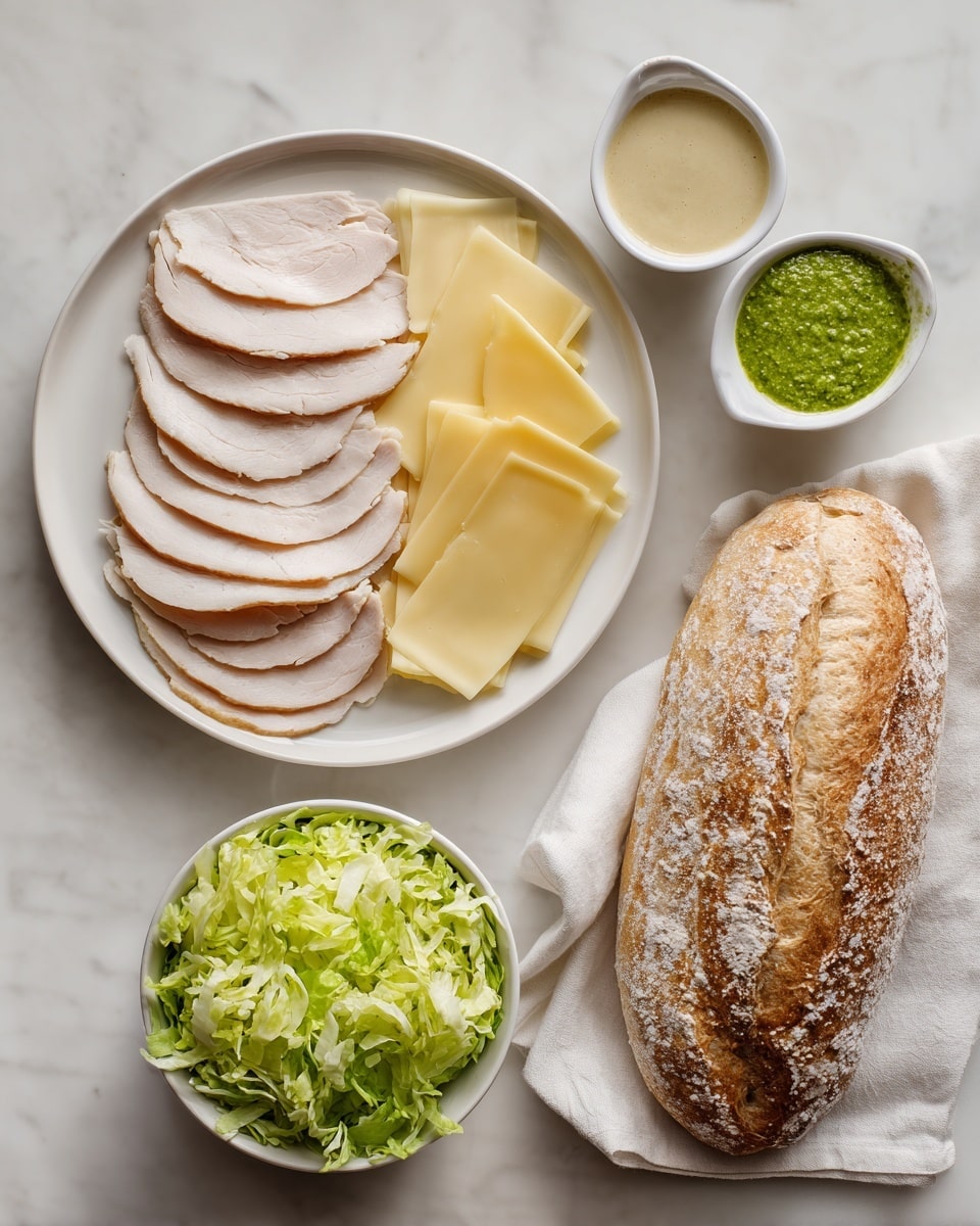 A white plate holds two neat rows of thin light tan slices of turkey and next to it five slices of pale yellow cheese, slightly overlapping. Above the plate, two small white measuring cups sit side by side—one filled with smooth light beige mayonnaise-like sauce, the other with thick textured bright green pesto. To the right on a white marbled surface, a long, thick loaf of light golden brown bread with a dusting of flour lies on a white napkin. Below the plate, a small white bowl is filled with bright green shredded lettuce. Photo taken with an iphone --ar 4:5 --v 7