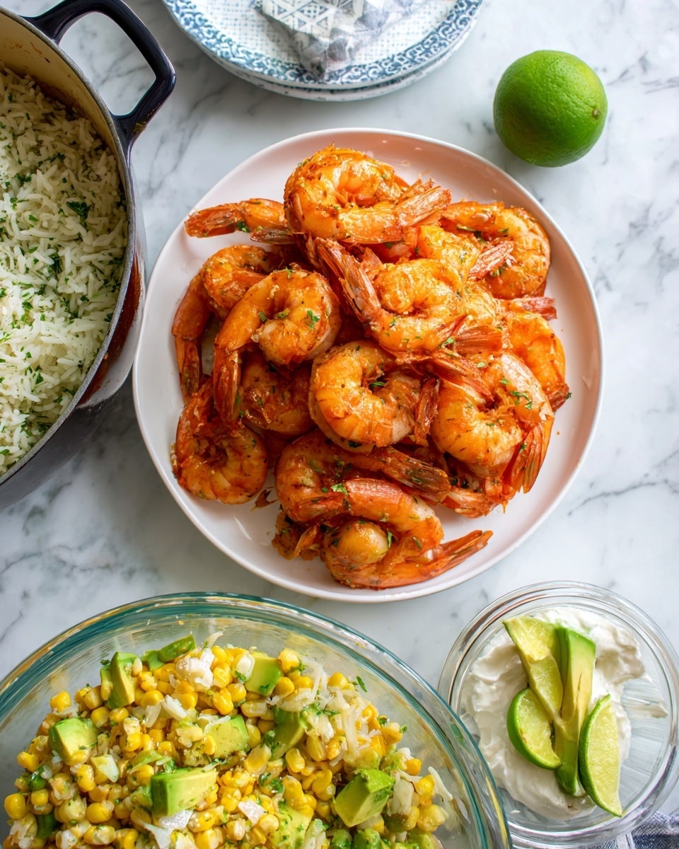 A pile of bright orange cooked shrimp sits on a white plate in the center. Above the plate, a pot filled with white cooked rice mixed with green herbs is visible. To the right of the shrimp plate, a halved green lime rests on the white marbled surface. Below the shrimp, there is a clear glass container holding a colorful salad made of yellow corn, green avocado pieces, and bits of red onion and white vegetable. A sour cream container with a mostly white and blue lid is partially visible on the bottom right side. Photo taken with an iphone --ar 4:5 --v 7