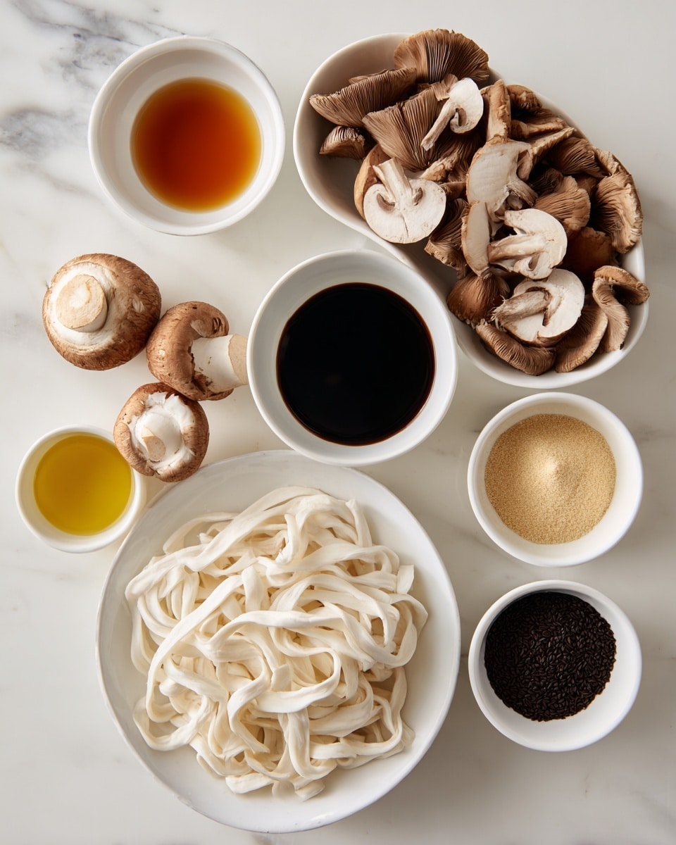 The image shows several white bowls and a white plate arranged on a white marbled surface. In the center, a white bowl is full of whole and sliced brown mushrooms with a smooth texture and creamy white insides. Below it, a white plate holds a pile of thick, twisted white noodles with a glossy surface. Around these, six small white bowls contain different liquids and powders: a dark thick sauce, a lighter honey-colored liquid, a pale yellow powder, a light brown liquid, a pile of dark brown granulated sugar, and a black soy-like sauce. The bowls are arranged in a loose circle, highlighting the natural colors and textures of the ingredients. Photo taken with an iphone --ar 4:5 --v 7