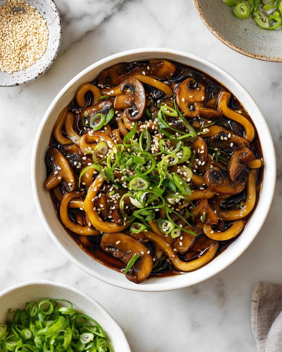 A white bowl filled with thick, light brown noodles mixed with cooked, sliced mushrooms that are golden brown with darker seared edges. The dish is topped with small green onion slices and sprinkled with white sesame seeds. Around the bowl, there are small white bowls—one with sesame seeds and another with sliced green onions—set on a white marbled surface. A folded cloth with dark green and light beige stripes lies next to the bowl. photo taken with an iphone --ar 4:5 --v 7