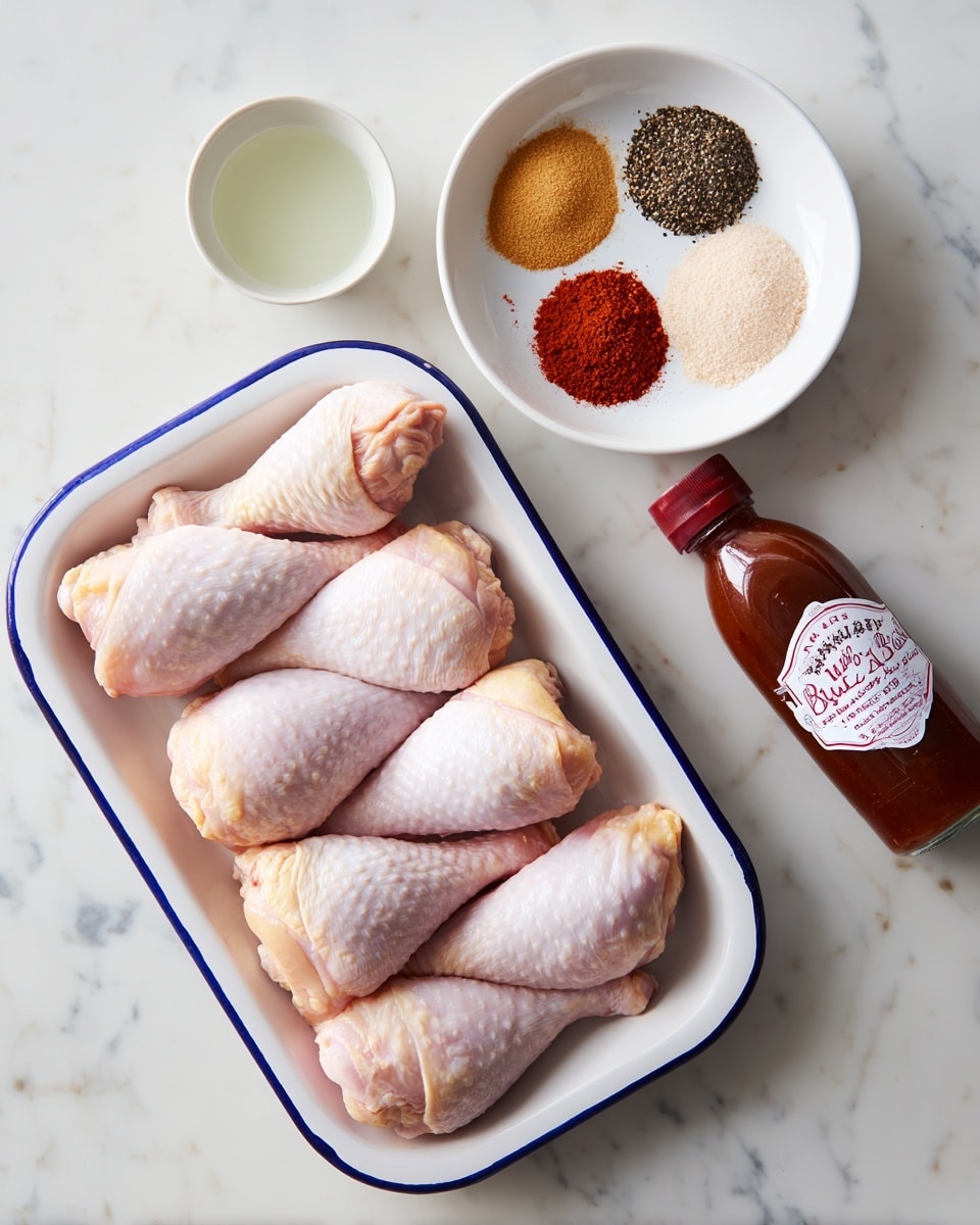 A white tray with a blue rim holds five raw chicken legs stacked in two layers, showing pale yellow and pink skin textures, positioned in the lower center of the image on a white marbled surface. Above the tray, to the right, is a white bowl with five piles of spices arranged in a circular pattern: black pepper, white salt, light beige, red paprika, and yellow garlic powder. To the left of the spice bowl, there is a small white bowl with a light green liquid. At the bottom right corner, a brown bottle of Sweet Baby Ray's barbecue sauce lies on its side, with its white and red label visible. Photo taken with an iphone --ar 4:5 --v 7