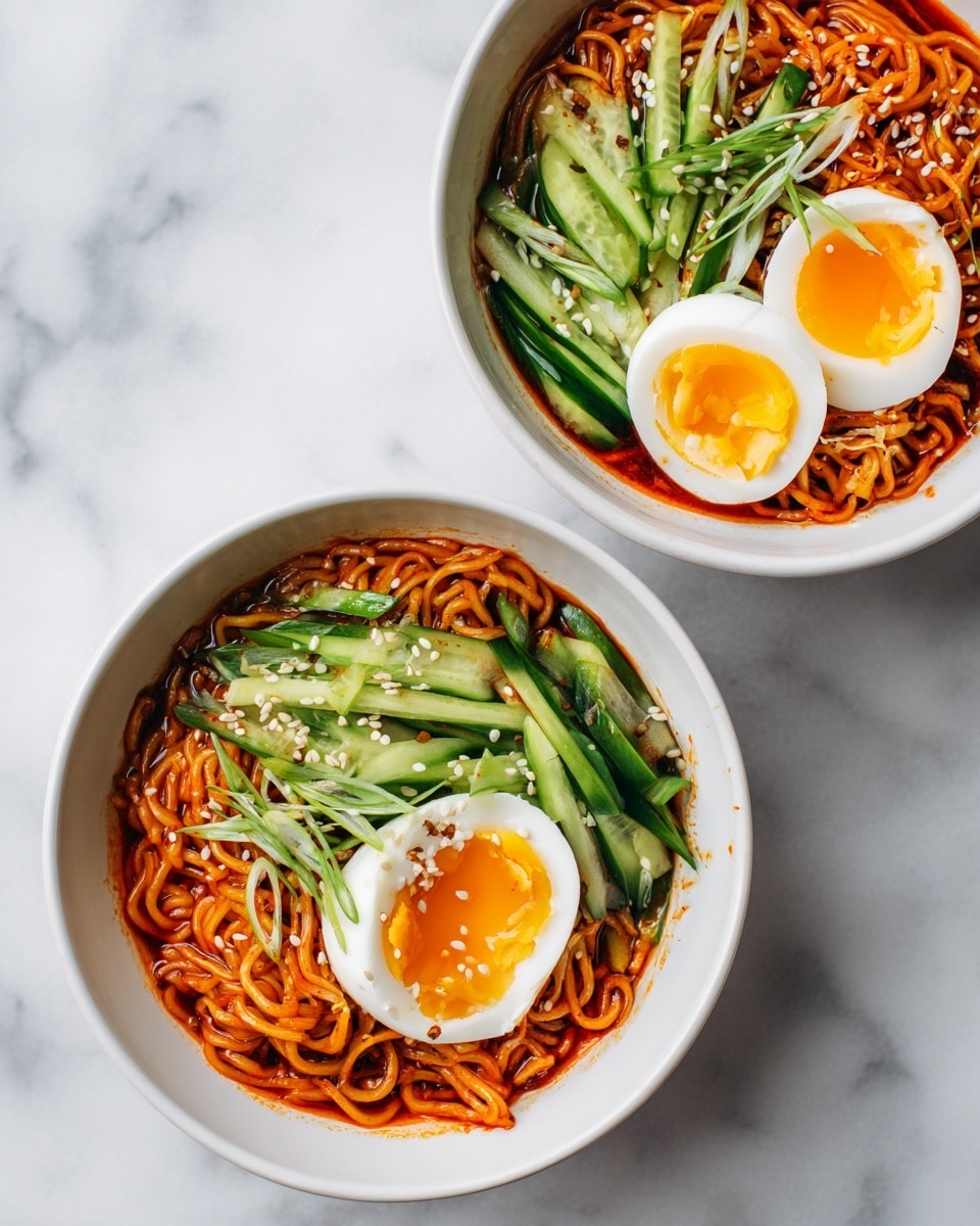 In two white bowls on a white marbled surface, there are three visible layers: at the bottom, red-orange noodles coated in sauce, topped with thin green slices of cucumber arranged in a neat pile, and on top, a halved soft-boiled egg with a bright yellow yolk and white edges, sprinkled lightly with sesame seeds and small pieces of green onion, with soft natural lighting highlighting the textures and colors, photo taken with an iphone --ar 4:5 --v 7