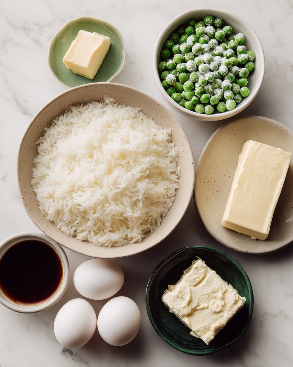 A beige bowl filled with soft, white cooked rice sits on a white marbled surface. Above the bowl, there is a white bowl with small green frozen peas that have a frosty texture. To the left of the peas, a small green bowl holds a square piece of pale yellow butter. To the right of the peas, a white bowl contains another rectangular piece of butter with a textured surface. Below and slightly to the right, a small dark green bowl is filled with a dark liquid sauce. At the bottom left of the image, there are two whole white eggs resting on the white marbled surface. Near the eggs, a small green bowl holds a thick dark brown sauce. The photo taken with an iphone --ar 4:5 --v 7