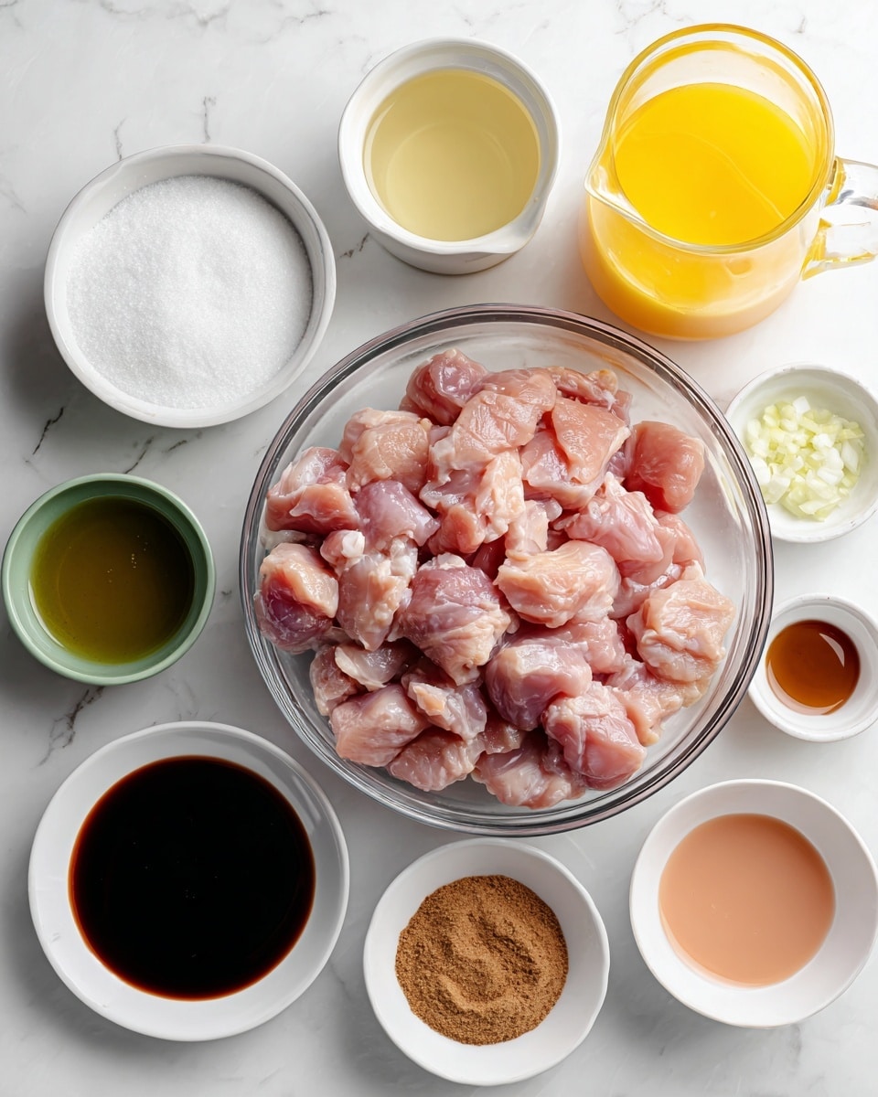 A clear glass bowl filled with raw pink chicken pieces is at the center on a white marbled surface. Around it are small white bowls and white plates holding different ingredients: a white cup full of white powder, a white cup with a light yellow liquid, a green bowl with dark brown sauce, a peach-colored bowl with brown sugar, a black bowl with light minced garlic, and a clear glass jug of bright yellow juice. The colors and textures contrast softly against the white marbled texture. photo taken with an iphone --ar 4:5 --v 7