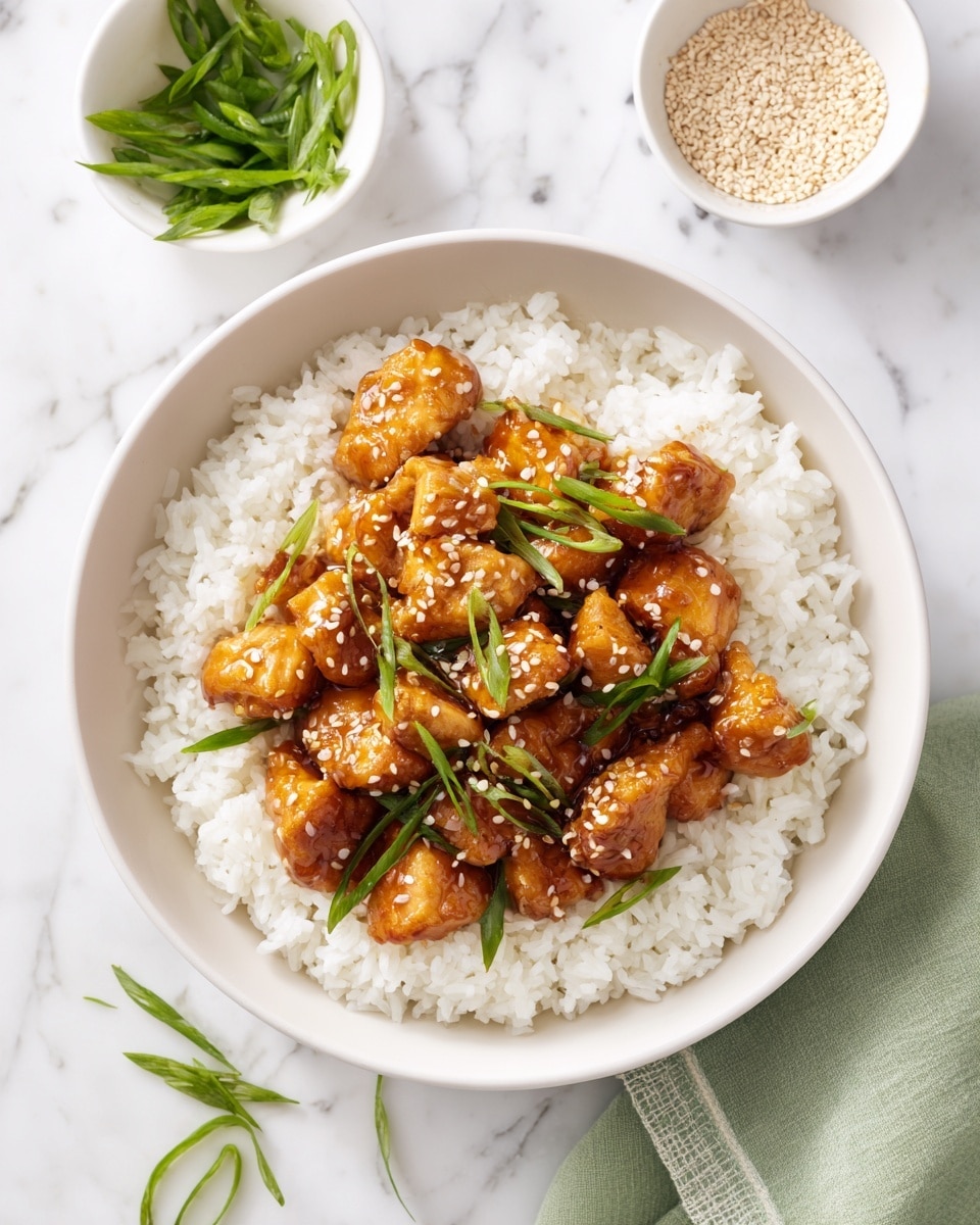 A white bowl filled with a layer of white cooked rice forms the base, topped with golden brown glazed chicken pieces scattered with light sesame seeds and garnished with chopped green onions. Above and to the right of the bowl, there are two small white bowls, one filled with green sliced scallions and the other with light brown sesame seeds. A soft green cloth napkin is placed to the lower right side on a white marbled surface photo taken with an iphone --ar 4:5 --v 7
