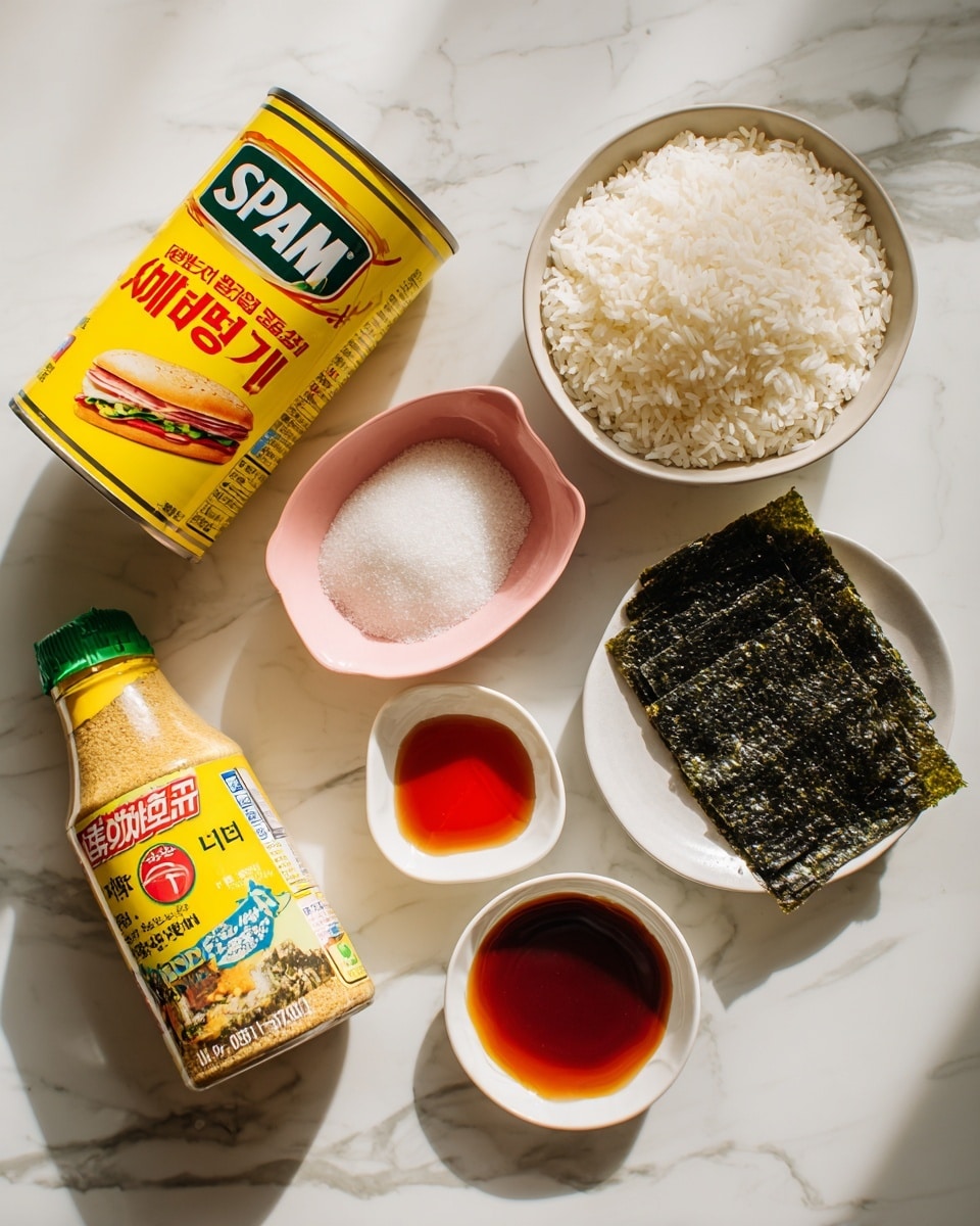 The image shows several cooking ingredients placed on a white marbled surface: a can of SPAM with a yellow lid and a sandwich picture on the front, a white bowl filled with uncooked white rice, and a package of roasted seaweed sheets with Korean and English text. Nearby are three small dishes—one with a light pink exterior holding white sugar, another red dish containing a reddish-brown liquid, and a small white dish with a dark soy sauce. A bottle of Noritamago furikake rice seasoning with a mostly yellow and green label is also visible. The items are arranged casually with some overlap, showing a mix of colors and textures. photo taken with an iphone --ar 4:5 --v 7