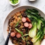 Clay Pot Rice with Chinese Sausage, Mushrooms, and Baby Bok Choy Recipe