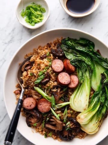 Clay Pot Rice with Chinese Sausage, Mushrooms, and Baby Bok Choy Recipe