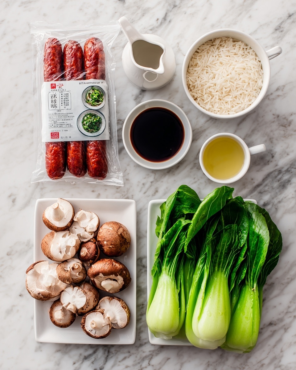 A neatly arranged top-down view shows six sets of cooking ingredients placed on a white marbled textured surface. At the top left, a clear sealed package contains red Chinese style pork sausages with a label showing a white bowl with red sausages and green vegetables. To its right, there is a white cup filled with pale uncooked rice. Below the rice, a white bowl holds dark soy sauce, and to the left of it is a small white jug with light golden cooking oil. The bottom left side has a white rectangular plate filled with brown and white sliced mushrooms along with whole brown mushrooms. The bottom right corner features a white round bowl filled with fresh, green bok choy leaves. The setup is clean and well spaced. Photo taken with an iphone --ar 4:5 --v 7
