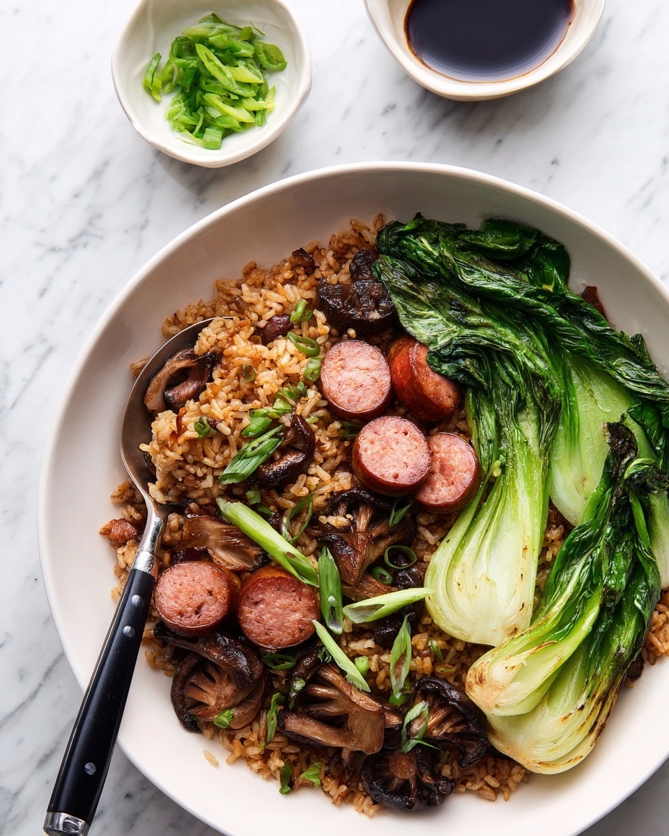 A white bowl holds a layered dish starting with dark brown, seasoned rice mixed with slices of reddish sausage and whole dark brown mushrooms scattered on top. One side of the bowl has fresh, bright green leafy vegetables placed neatly. A spoon with a black handle is scooping some rice, mushroom, and sausage from the bowl. The bowl is set on a white marbled surface with a small white dish of green herbs and a white cup filled with dark liquid nearby. Photo taken with an iphone --ar 4:5 --v 7
