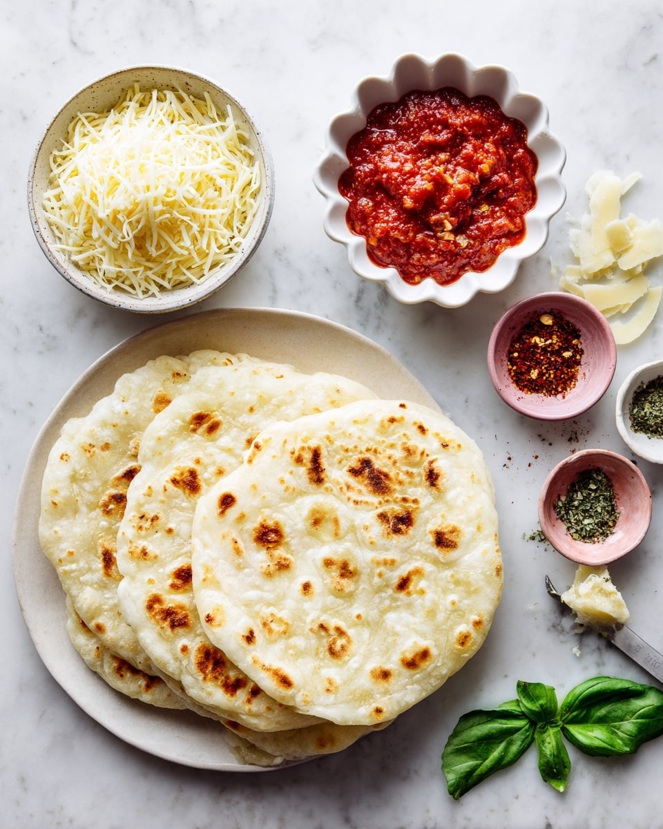 Two flatbreads with light brown toasted spots are stacked on a white plate in the bottom left. To the top right, a small white bowl holds shredded cheese with pale yellow and white strands. Next to it, a scalloped white bowl contains chunky red tomato sauce. Below them, there are three small pink bowls, each holding different spices: red pepper flakes, green dried herbs, and a third spice. A white measuring cup with curled pale yellow cheese pieces is visible at the bottom right. A few fresh green basil leaves are placed near the measuring cup, all set on a white marbled textured surface. photo taken with an iphone --ar 4:5 --v 7