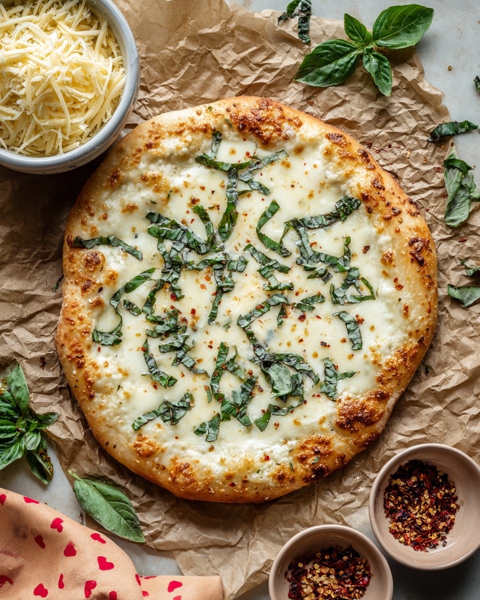 A round pizza with a golden brown crust as the base layer, topped by a bright red tomato sauce that spreads evenly under a melted layer of light yellow cheese. Fresh, vibrant green basil leaves are scattered on top, giving contrast and fresh detail. Around the pizza, there are small white bowls with shredded cheese and dried herbs, plus loose basil leaves and two small pink scalloped bowls containing chili flakes and green dried herbs, all placed on a white marbled surface with a light brown paper underneath. A colorful cloth with small hearts is partly visible at the bottom left corner. photo taken with an iphone --ar 4:5 --v 7