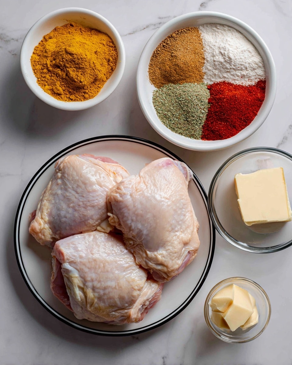 The image shows two raw chicken thighs with pale pink and white skin placed on a white plate with a black rim, located in the lower part of the frame on a white marbled surface. Above the plate is a white bowl divided into five sections of dry spices: yellow, white, red, green, and off-white powders. To the lower right of the plate, there is a small clear glass bowl with two pieces of pale yellow butter. photo taken with an iphone --ar 4:5 --v 7