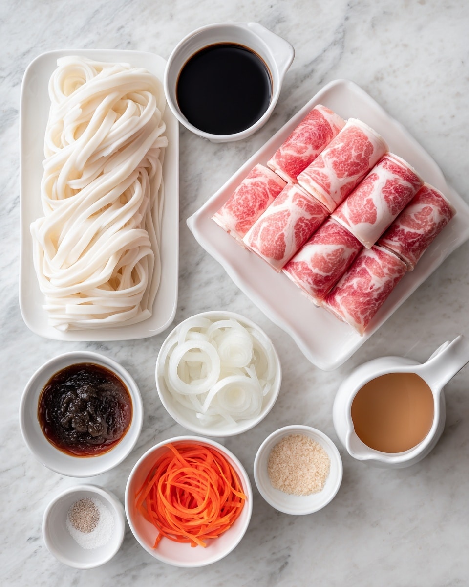 The image shows several ingredients arranged on a white marbled surface. In the center, there is a white bowl filled with rolled slices of raw, pink and white marbled meat stacked neatly. To the left, a rectangular white plate holds thick white udon noodles laid out flat in a rectangle shape. Around the main items are small white bowls containing different ingredients: thinly sliced white onion pieces, a bright orange pile of thin carrot strips, a portion of dark brown sauce with a shiny texture, a small amount of granulated beige powder, and a light brown liquid in a small bowl. There is also a small white jug filled with dark soy sauce-like liquid. All the dishes and bowls are arranged neatly on the white marbled background. photo taken with an iphone --ar 4:5 --v 7