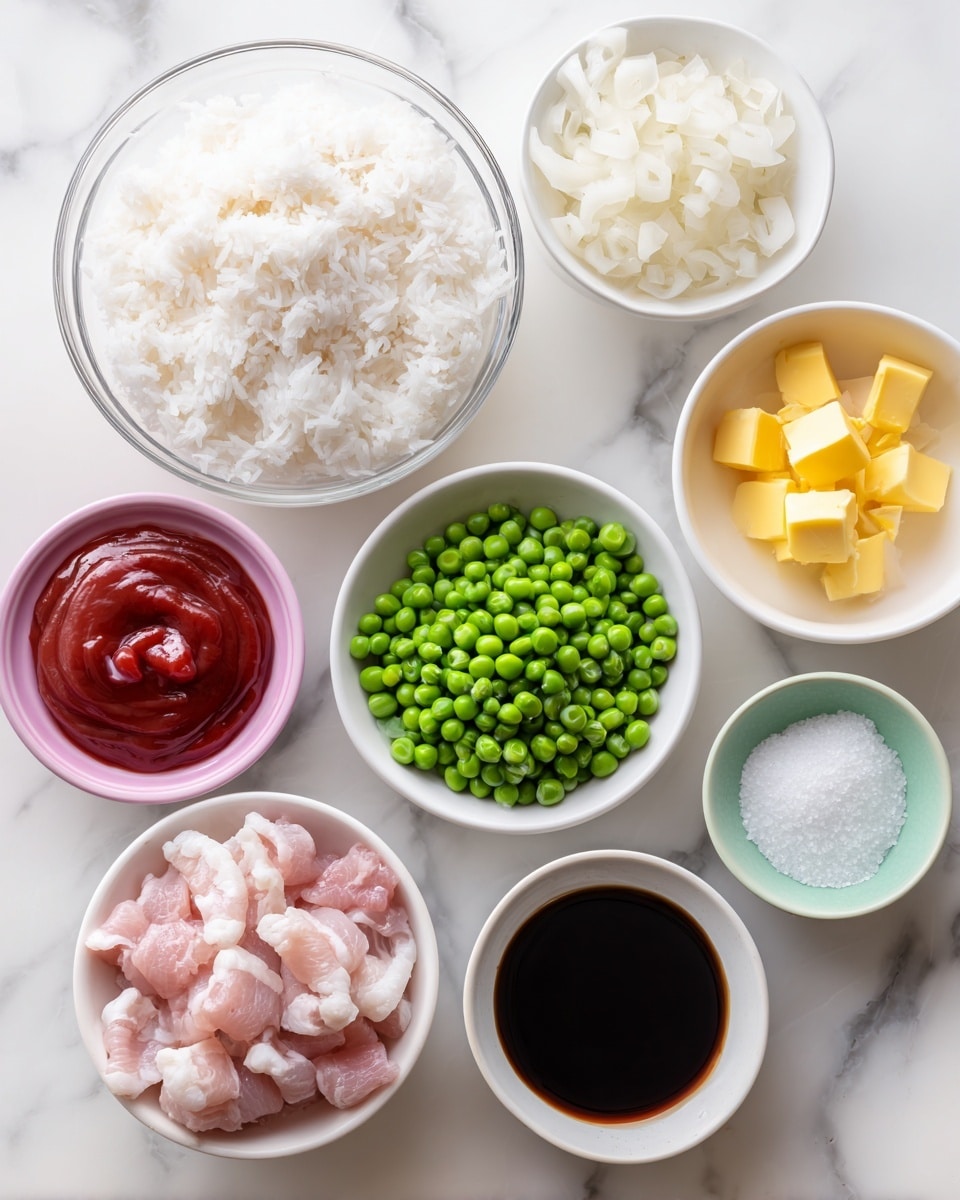 The image shows seven small white bowls on a white marbled surface, each holding a different cooked or raw ingredient. In the center top, a glass bowl holds fluffy white cooked rice. Moving clockwise, a bowl with three yellow cubes, possibly butter, is on the top right. Below it, a small white bowl is filled with bright green frozen peas. Next to it, a small bowl with dark soy sauce is present. In the front left, a bowl contains light pink and white strips of raw pork belly. Above that, another bowl holds a mix of white chopped onions. Finally, in the center, a pink bowl contains a thick red sauce, possibly ketchup, and a mint green bowl holds white granulated salt. Photo taken with an iphone --ar 4:5 --v 7