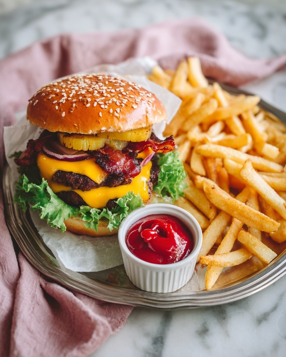 A metal tray holds a classic cheeseburger and a pile of golden fries. The cheeseburger has a sesame seed top bun, with crispy bacon on top, followed by slices of purple onion. Below the onion, a layer of melted bright orange cheddar cheese covers a thick brown beef patty. There is a fresh green leaf of lettuce resting on the soft light tan bottom bun. The fries are long and golden brown, filling the space around the burger. At the bottom of the tray, there is a small white cup filled with red ketchup. The whole scene is set on a white marbled surface with a soft pink cloth in the corner. Photo taken with an iphone --ar 4:5 --v 7