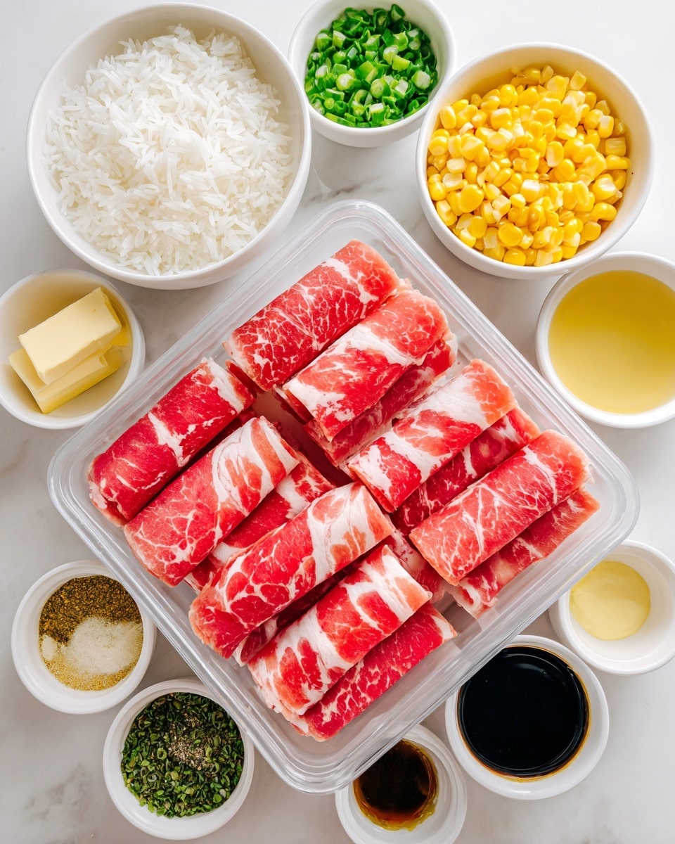 The image shows a clear plastic container filled with many thin, rolled slices of red and white marbled raw meat, placed in the center on a white marbled surface. Above the meat, there is a white bowl filled with cooked white rice, and next to it, a white bowl with chopped green onions. To the right, a white bowl holds bright yellow corn, and another white bowl contains a light brown liquid, possibly broth or sauce. Around the container, there are several small white bowls: one with two small pieces of pale yellow butter, one with a mix of seasonings in light yellow and black colors, and others holding various dark sauces and liquids in black, dark green, and clear colors. All bowls are arranged evenly around the meat container in a circle. photo taken with an iphone --ar 4:5 --v 7