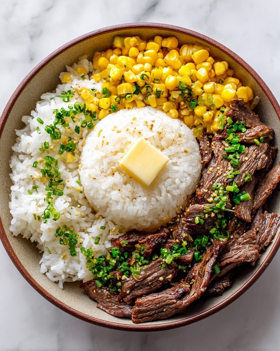 A round white bowl sits on a white marbled surface, filled with nicely arranged layers of food. The bottom layer is cooked brown slices of beef spread evenly around the edge of the bowl. Inside this ring is a mound of white rice shaped like a dome. On top of the rice is a small pile of bright yellow corn pieces, and there is a square piece of butter placed in the center. Green chopped spring onions are sprinkled over the beef, rice, and corn, adding a fresh touch of color throughout the dish. photo taken with an iphone --ar 4:5 --v 7