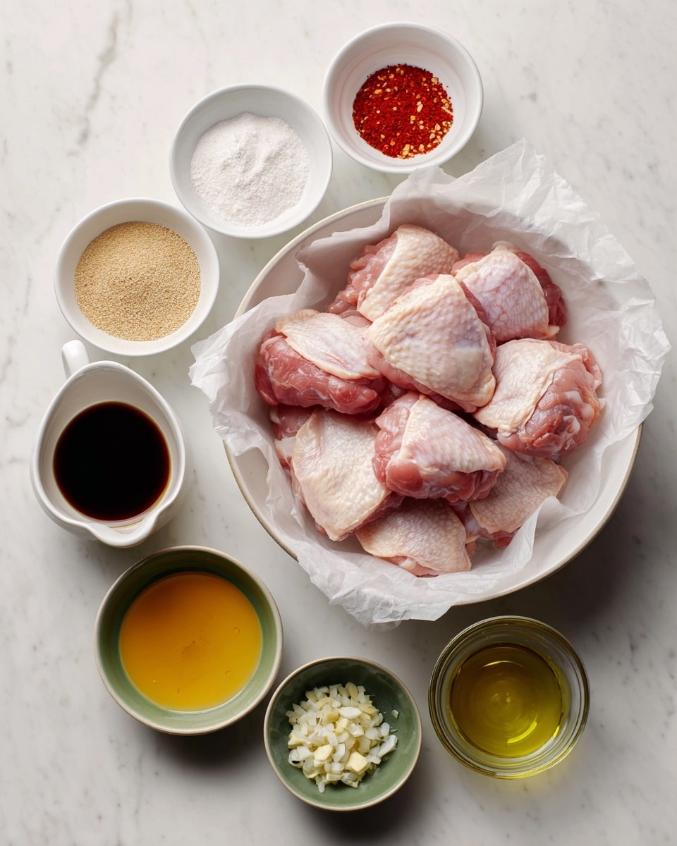 A white bowl lined with parchment paper holds a pile of raw pink chicken thighs with a smooth texture on the right side of the image. Surrounding it are nine small white and green bowls arranged in a loose circle on a white marbled surface. The bowls contain different ingredients: one with white salt, beige garlic powder, and red chili powder together; one with a light brown sticky paste; one with dark soy sauce in a small white cup with a handle; one with honey in a white cup with a handle; one with small beige sesame seeds; one with chopped white garlic in a green bowl; one with a clear yellow oil in a small glass bowl; one with a green liquid; and one with a white powdery ingredient. Photo taken with an iphone --ar 4:5 --v 7