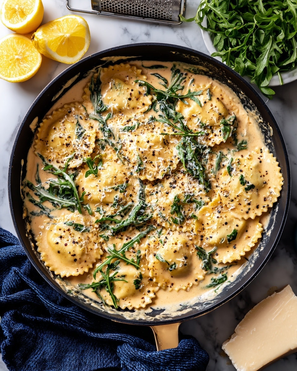 A black pan filled with large square ravioli pieces covered in creamy orange sauce with small green herbs sprinkled on top and mixed in, along with slices of red bell pepper and some wilted green spinach leaves, all sitting on a white marbled surface, photo taken with an iphone --ar 4:5 --v 7