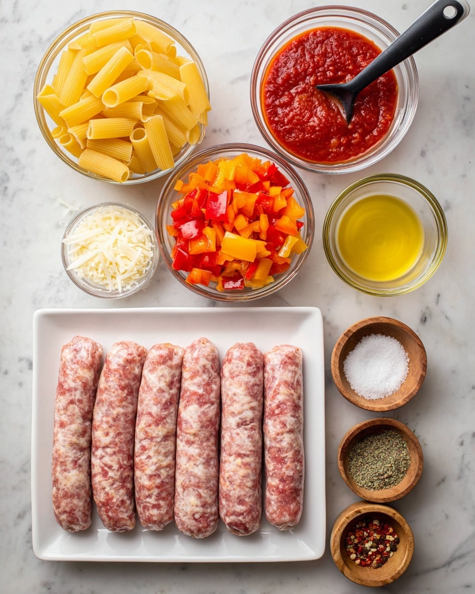 The image shows a white rectangular plate at the bottom holding five raw sausages with a pink and white marbled texture. Above the plate, there are seven glass and wooden bowls on a white marbled surface. From left to right, the top row has a glass bowl with yellow uncooked rigatoni pasta, a glass bowl with deep red tomato sauce and a black spoon, a glass bowl filled with bright orange chopped bell peppers, and a glass bowl of white creamy mixture with a black spoon. The middle row has a small wooden bowl of white salt and a small clear glass bowl containing a light yellow liquid. The bottom row has three small wooden bowls holding grated white cheese, crushed red pepper flakes, dried oregano, and light brown seasoning powder respectively. photo taken with an iphone --ar 4:5 --v 7