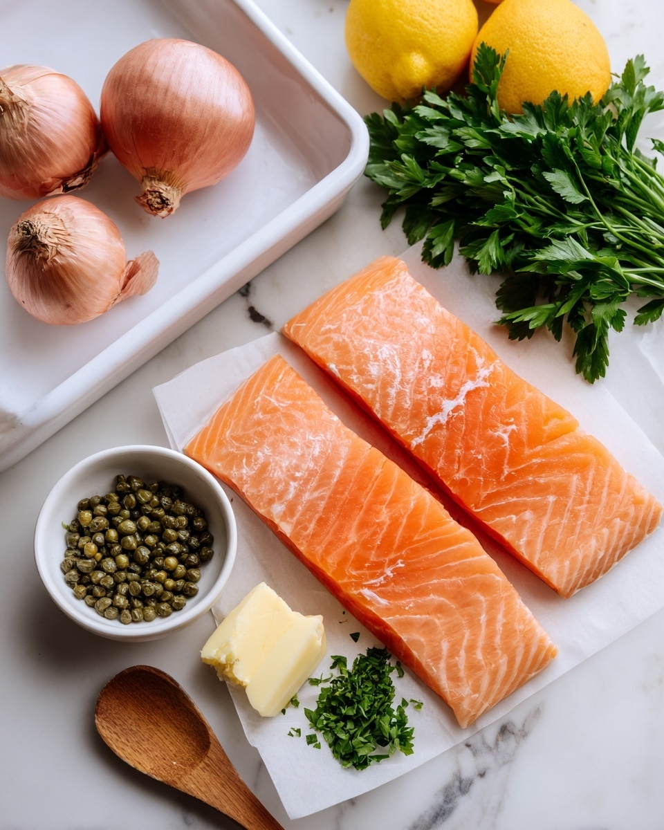 The image shows two raw salmon fillets with light pink and orange tones, placed on a white tray on the top left. Below and next to the tray are two shallots with a dull pink outer skin and a bunch of green parsley to the right. At the center, there is a white bowl holding four small piles: green capers, light beige butter, minced light yellow garlic, and fresh green chopped herbs. A wooden spoon lies on the white marbled surface near the bowl. The image has a clean, fresh look with a few lemons with yellow skin partially visible at the top right. woman's hand is not visible in this image. photo taken with an iphone --ar 4:5 --v 7