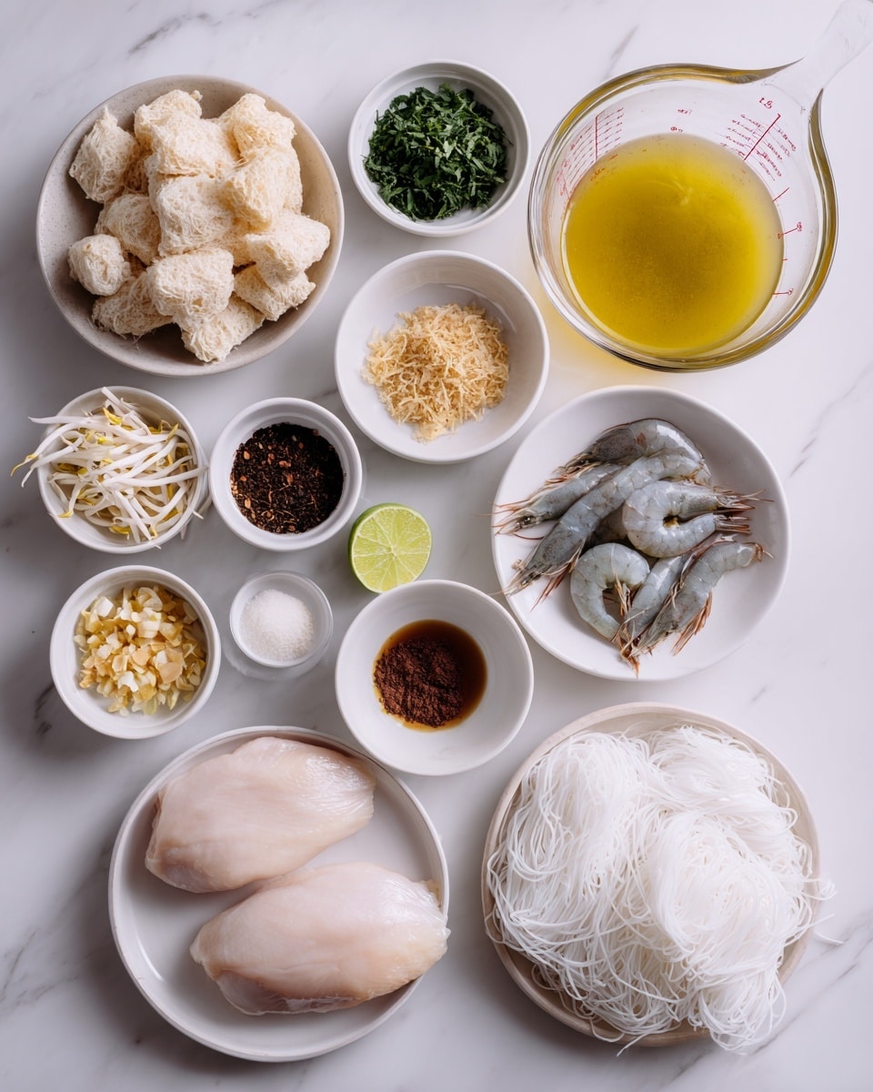 The image shows raw ingredients for a meal arranged neatly on a white marbled surface. In the center, there are two large, smooth, pale pink chicken pieces on a white plate. Above them, a clear bowl holds light beige puffed pieces with a crispy texture. To the right, a large transparent measuring cup contains a yellow broth with small herbs floating. Around these, smaller white bowls hold various items: light brown paste, coconut milk with a smooth white surface, dark brown powder, oil with a light yellow color, clear light brown sauce, peeled raw shrimp that are greyish with dark tails, and pale yellow minced ginger. On the left, another set of white bowls contains fresh bean sprouts, two kinds of dark green herbs, fried shallots, a dark thick sauce, lime wedges, and finely minced garlic. At the bottom right, three nests of dry white rice noodles sit on a white plate. The overall look is bright and clean with fresh colors standing out clearly. photo taken with an iphone --ar 4:5 --v 7