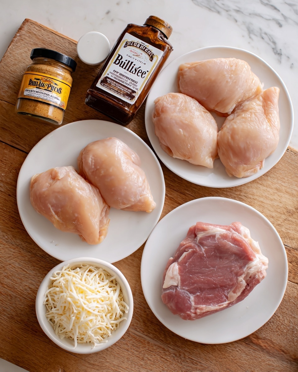 The image shows four raw chicken pieces placed on a white plate, each piece light pink and smooth in texture. Next to this, on a white plate, there is a single piece of raw pork, pink with a small bone visible. Below the plates, a small white bowl contains shredded white cheese. To the top left of the plates, three bottles of seasonings and sauces are arranged: a small jar with a dark yellow mustard sauce, a white container of seasoning, and a bottle of brown barbecue sauce labeled